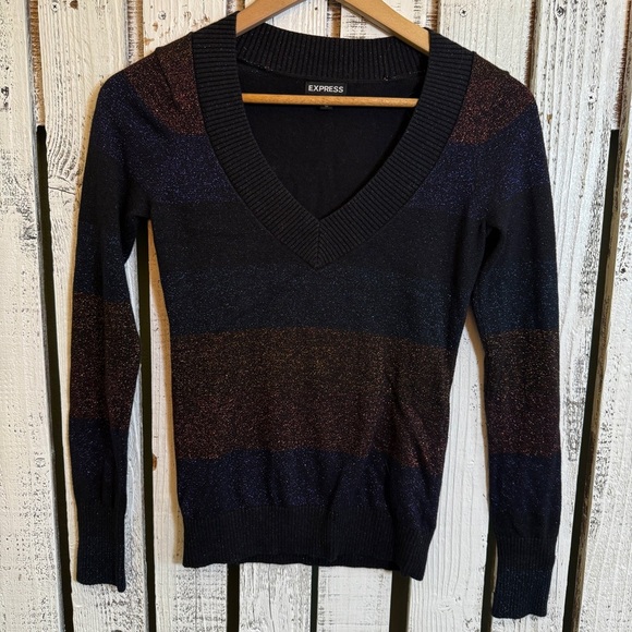 Express V-Neck Glitter Black Striped Sweater Women’s Size XS Multi-Color Festive - Picture 1 of 10